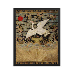 Heron bird - antique Chinese Qing dynasty embroidery framed print on a plain backdrop in size 16"x20".
