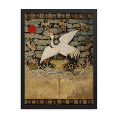 Heron bird - antique Chinese Qing dynasty embroidery framed print on a plain backdrop in size 18"x24".