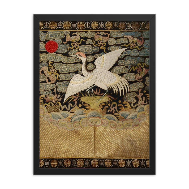 Heron bird - antique Chinese Qing dynasty embroidery framed print on a plain backdrop in size 18