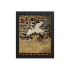 Heron bird - antique Chinese Qing dynasty embroidery framed print on a plain backdrop in size 8"x10".
