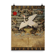 Heron bird - antique Chinese Qing dynasty embroidery poster on a plain backdrop in size 8"x10".