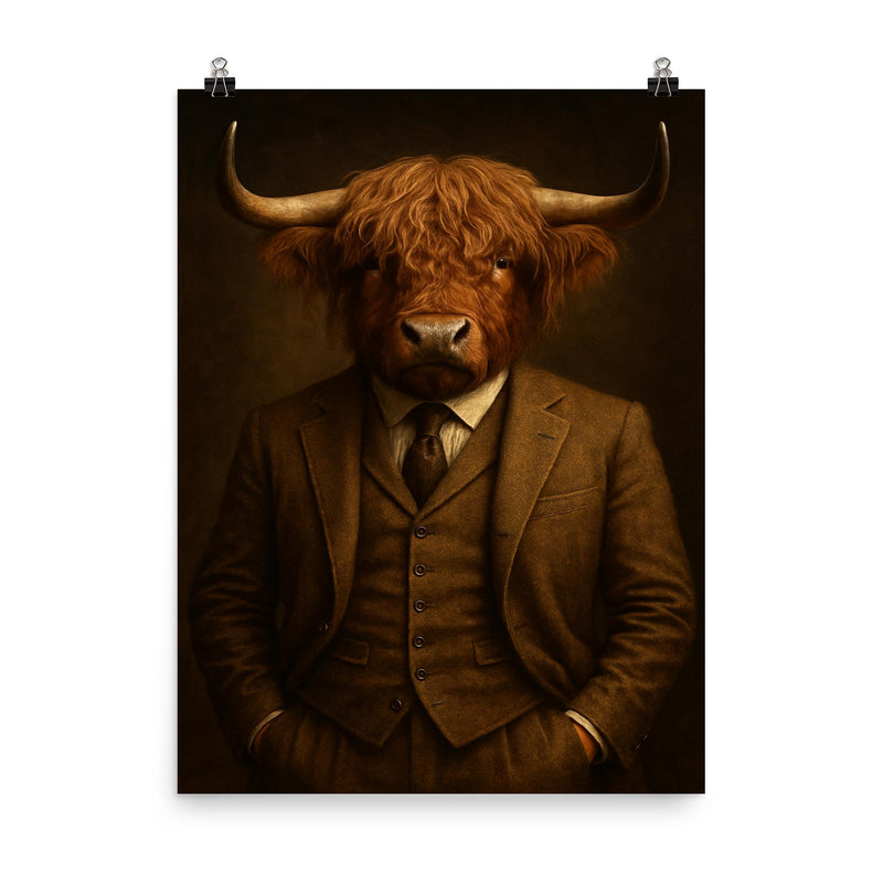 Highland bull banker in three piece tweed portrait poster on a plain backdrop in size 8