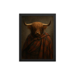 Highland bull laird in tartan and rain framed print on a plain backdrop in size 12"x16".