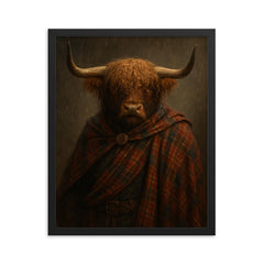 Highland bull laird in tartan and rain framed print on a plain backdrop in size 16"x20".