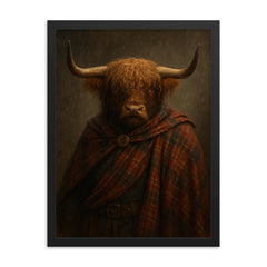 Highland bull laird in tartan and rain framed print on a plain backdrop in size 18"x24".