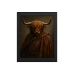 Highland bull laird in tartan and rain framed print on a plain backdrop in size 8"x10".