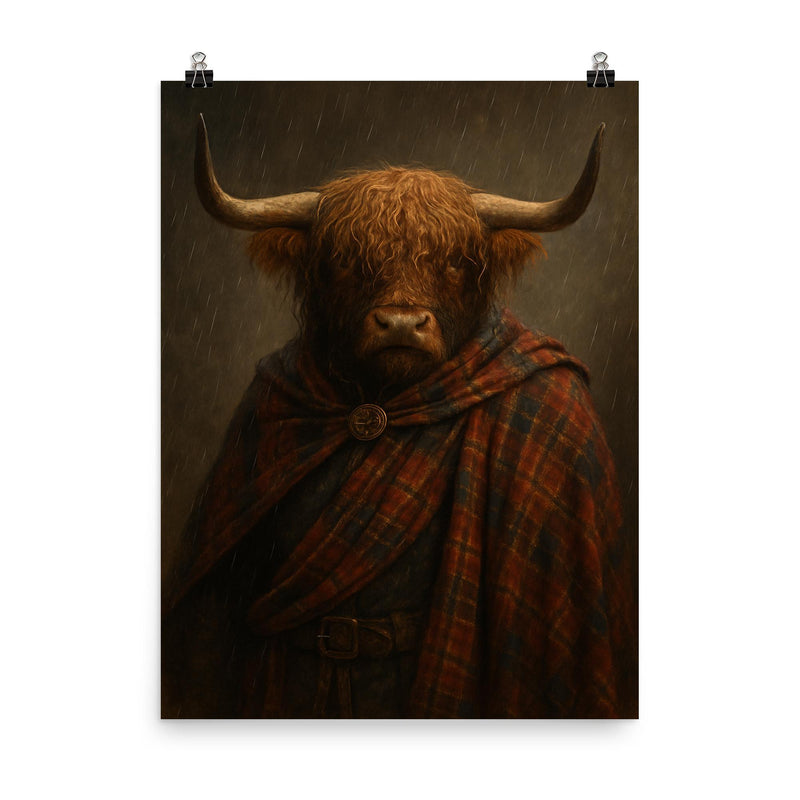 Highland bull laird in tartan and rain poster on a plain backdrop in size 8
