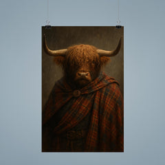 Highland bull laird in tartan and rain poster 9
