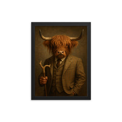 Highland cow in tweed with antler cane framed print on a plain backdrop in size 12"x16".