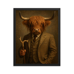 Highland cow in tweed with antler cane framed print on a plain backdrop in size 16"x20".