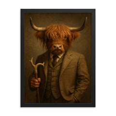 Highland cow in tweed with antler cane framed print on a plain backdrop in size 18"x24".