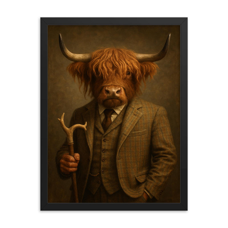 Highland cow in tweed with antler cane framed print on a plain backdrop in size 18