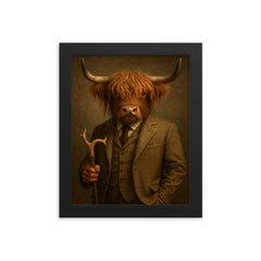 Highland cow in tweed with antler cane framed print on a plain backdrop in size 8"x10".