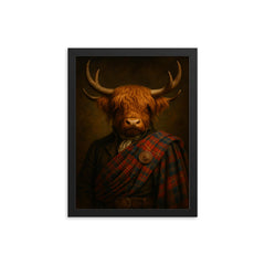 Highland cow laird in tartan and antlers framed print on a plain backdrop in size 12"x16".