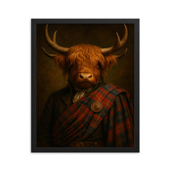 Highland cow laird in tartan and antlers framed print on a plain backdrop in size 16"x20".