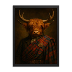 Highland cow laird in tartan and antlers framed print on a plain backdrop in size 18"x24".