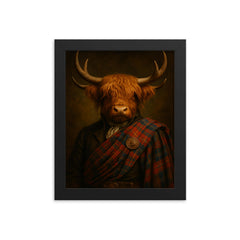 Highland cow laird in tartan and antlers framed print on a plain backdrop in size 8"x10".