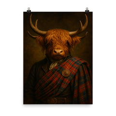 Highland cow laird in tartan and antlers poster on a plain backdrop in size 8"x10".