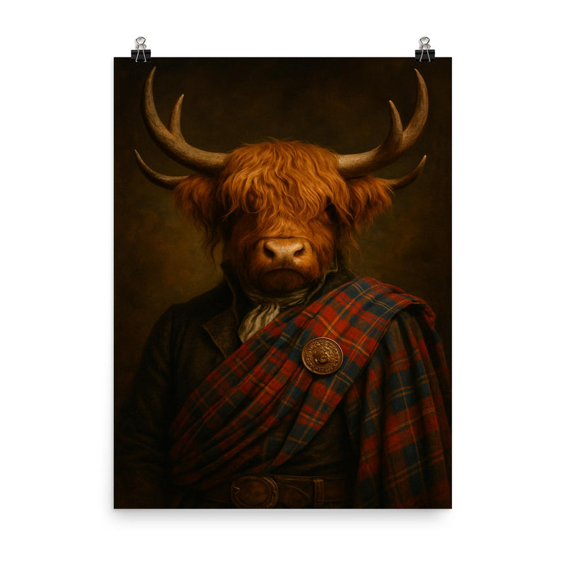 Highland cow laird in tartan and antlers poster on a plain backdrop in size 8