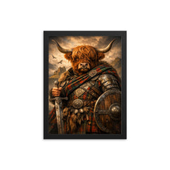 Highland cow laird in tartan armor framed print on a plain backdrop in size 12"x16".
