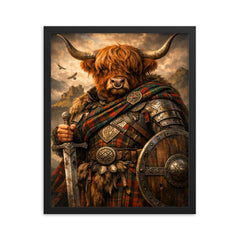 Highland cow laird in tartan armor framed print on a plain backdrop in size 16"x20".