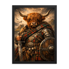 Highland cow laird in tartan armor framed print on a plain backdrop in size 18"x24".