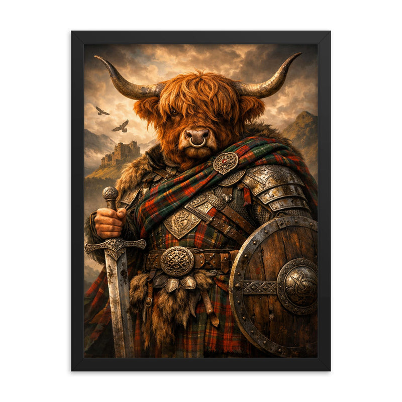 Highland cow laird in tartan armor framed print on a plain backdrop in size 18