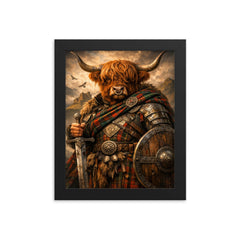 Highland cow laird in tartan armor framed print on a plain backdrop in size 8"x10".