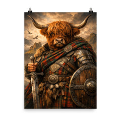 Highland cow laird in tartan armor poster on a plain backdrop in size 8"x10".
