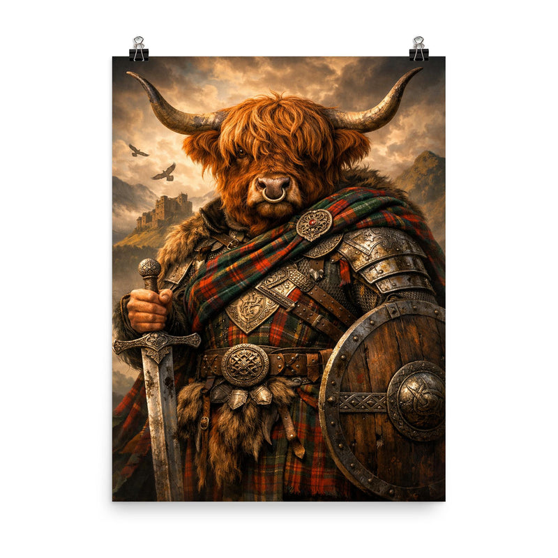 Highland cow laird in tartan armor poster on a plain backdrop in size 8