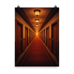 Hilbert's Hotel corridor of infinite numbered doors poster on a plain backdrop in size 8"x10".