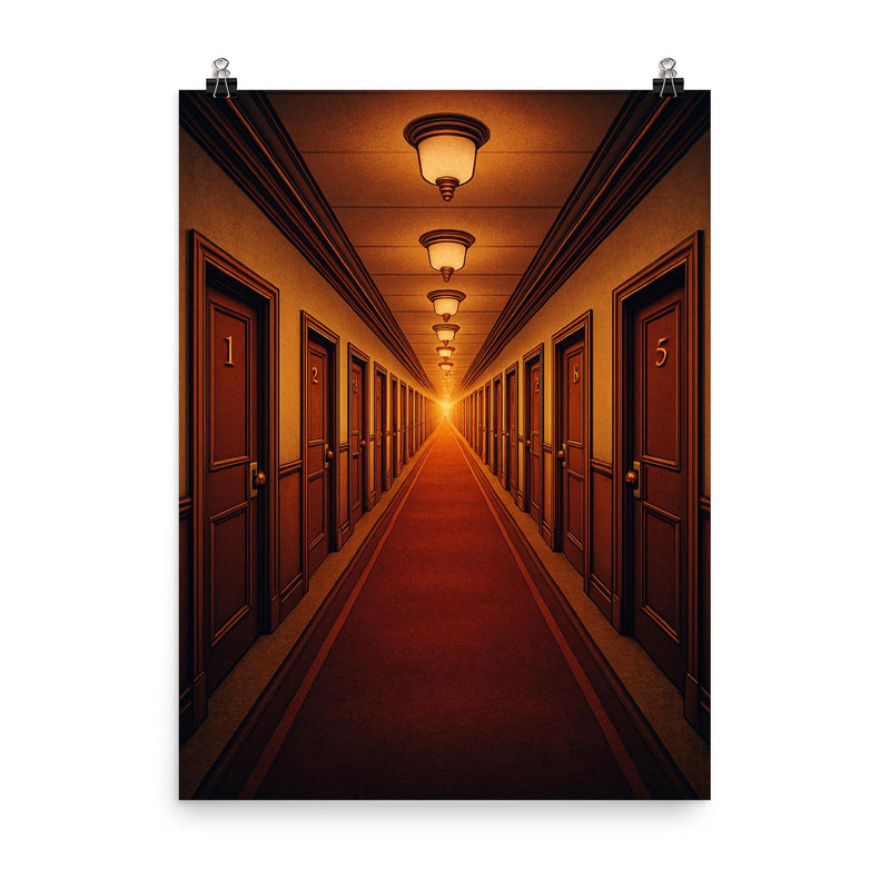 Hilbert's Hotel corridor of infinite numbered doors poster on a plain backdrop in size 8