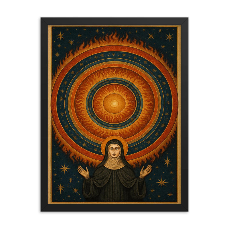 Hildegard of Bingen cosmic vision mandala framed print on a plain backdrop in size 18