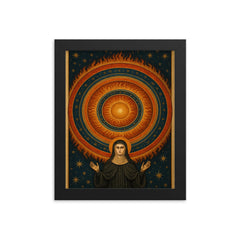 Hildegard of Bingen cosmic vision mandala framed print on a plain backdrop in size 8"x10".