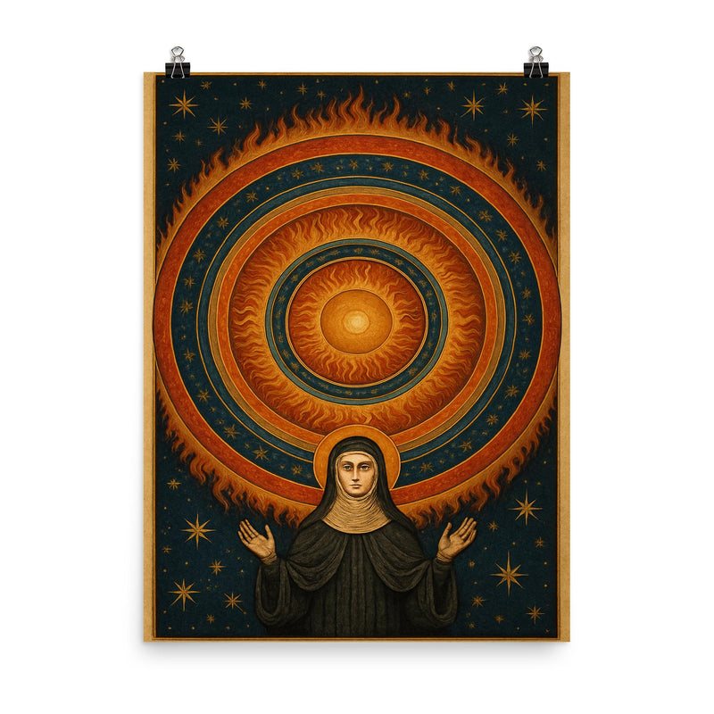 Hildegard of Bingen cosmic vision mandala poster on a plain backdrop in size 8