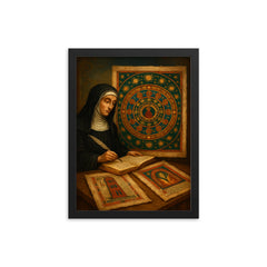 Hildegard of Bingen visionary mandala and manuscripts framed print on a plain backdrop in size 12"x16".