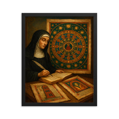 Hildegard of Bingen visionary mandala and manuscripts framed print on a plain backdrop in size 16"x20".
