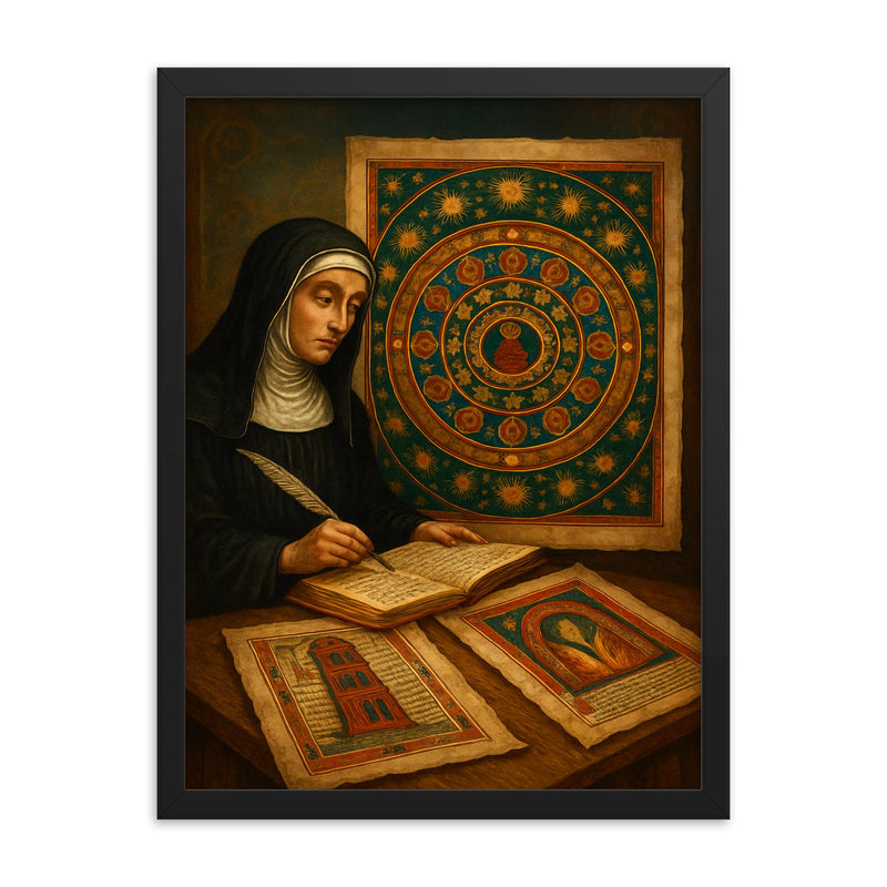 Hildegard of Bingen visionary mandala and manuscripts framed print on a plain backdrop in size 18