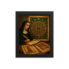 Hildegard of Bingen visionary mandala and manuscripts framed print on a plain backdrop in size 8"x10".