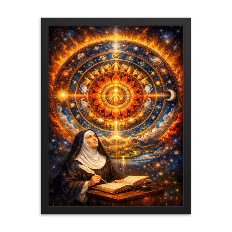 Hildegard von Bingen cosmic mandala vision framed print on a plain backdrop in size 18