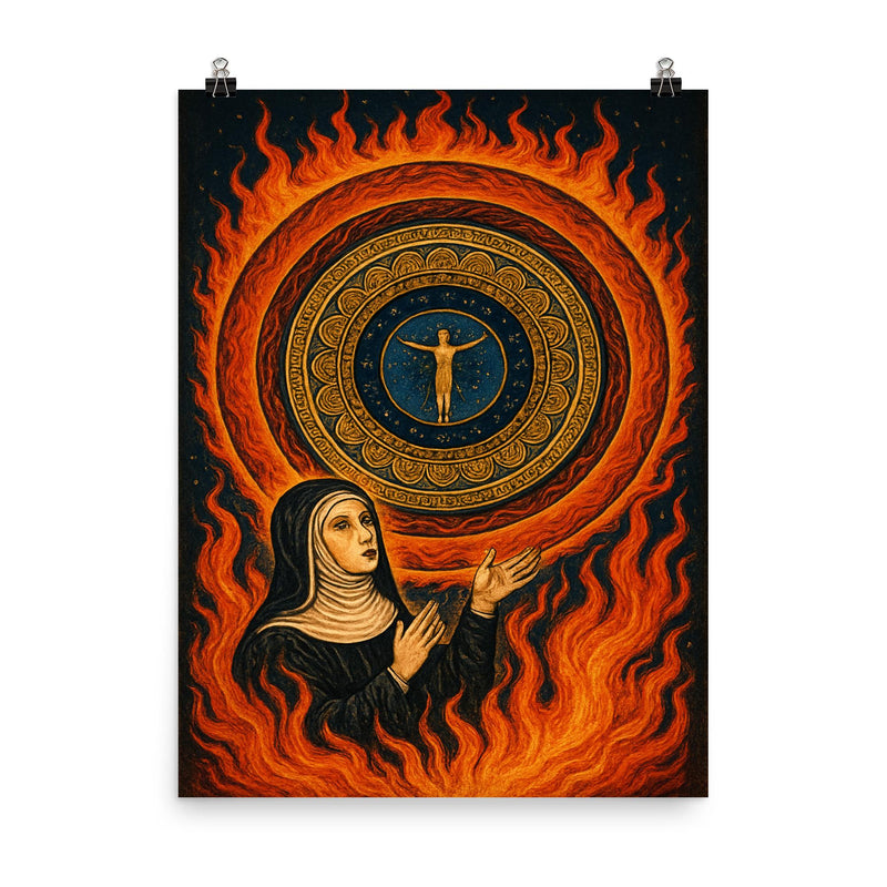 Hildegard von Bingen vision of cosmic mandala and fire poster on a plain backdrop in size 8