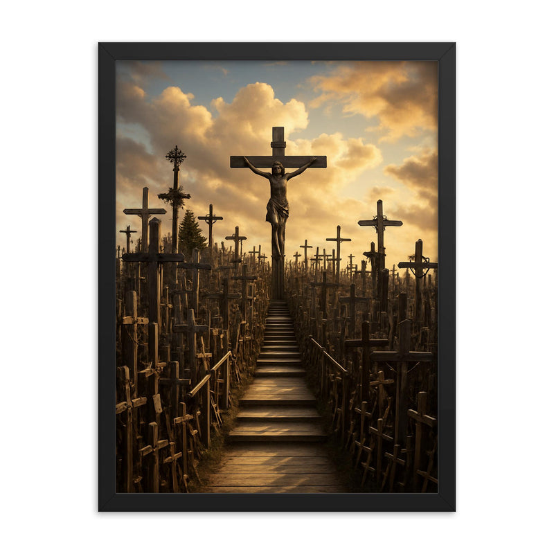 Hill of Crosses Lithuania framed print on a plain backdrop in size 18