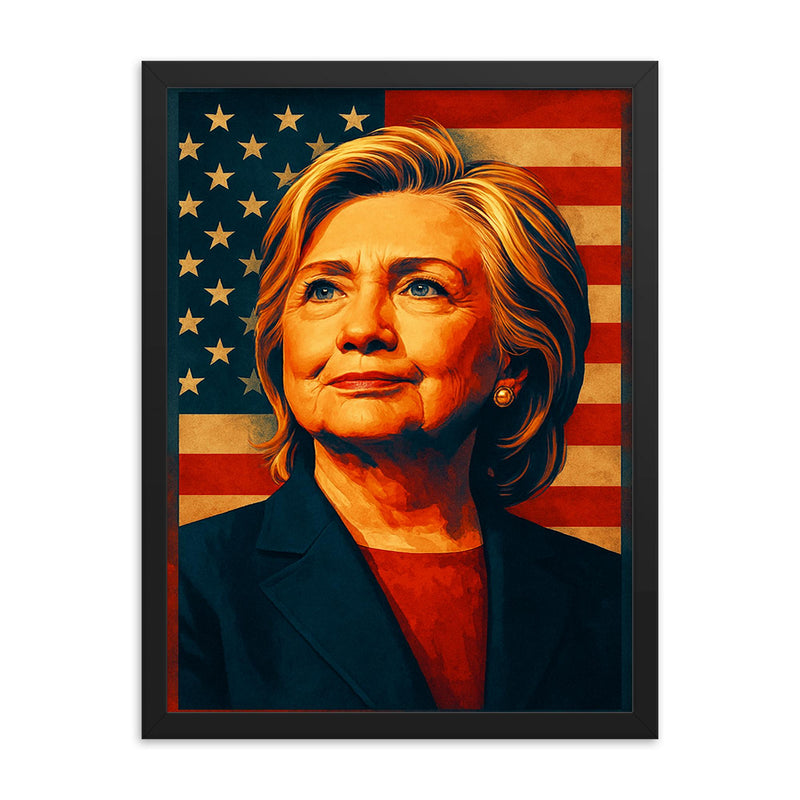 Hillary Clinton framed print on a plain backdrop in size 18