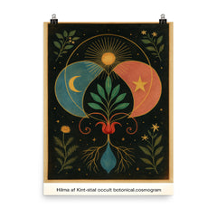 Hilma af Klint style occult botanical cosmogram original poster on a plain backdrop in size 8"x10".