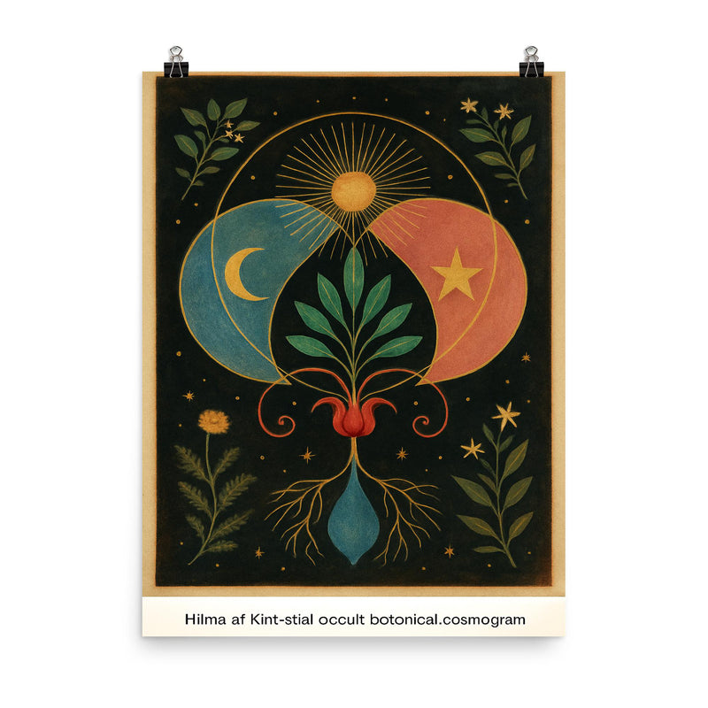 Hilma af Klint style occult botanical cosmogram original poster on a plain backdrop in size 8