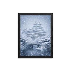 Himeji Castle in blizzard silence framed print on a plain backdrop in size 12"x16".
