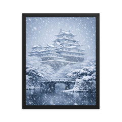 Himeji Castle in blizzard silence framed print on a plain backdrop in size 16"x20".