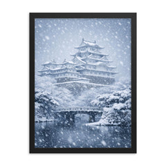Himeji Castle in blizzard silence framed print on a plain backdrop in size 18"x24".