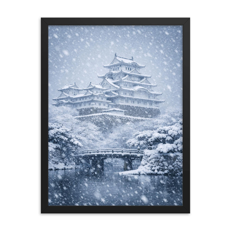 Himeji Castle in blizzard silence framed print on a plain backdrop in size 18