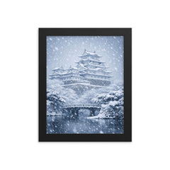 Himeji Castle in blizzard silence framed print on a plain backdrop in size 8"x10".